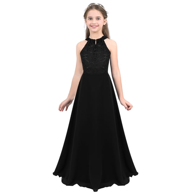 Sxiwei Robe pour Demoiselles d'Honneur Enfants en Mousseline Sans Manches en Dentelle Florale Longue Robe de Mariage Maxi Robe de Bal Noire 10
