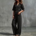 thumbnail image 5 of Cagogo Women Plus Size 2 Piece Set V Neck Short Sleeve Top Wide Leg Pants Casual Summer Boho Vacation Outfits Loose Matching Lounge Sets Tracksuits Travel Cruise Clothes, Black S, 5 of 7