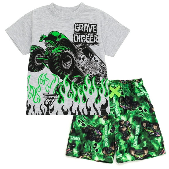 Monster Jam Grave Digger Monster Truck T-Shirt and Shorts Outfit Set Toddler to Big Kid
