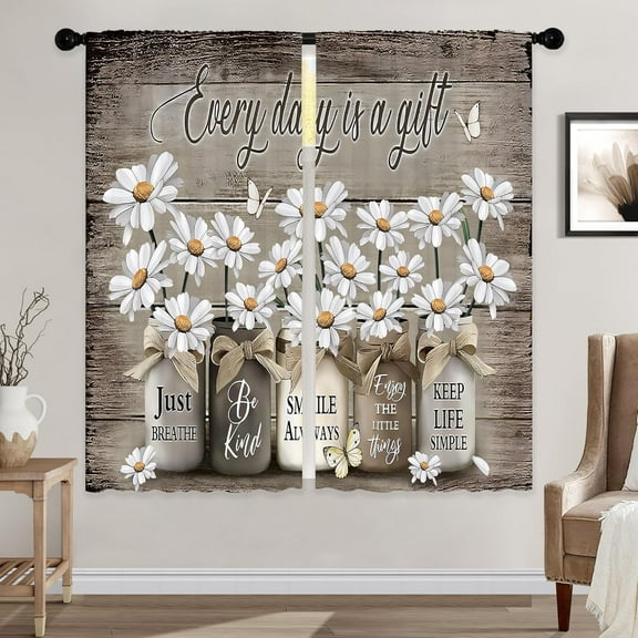 Farmhouse Floral Curtains, Rustic Vintage Flower Country Window Curtains 42x63 Inch for Bedroom Living Room Decor, Daisy Wooden Barn Door Window Drapes Treatment Draperies Fabric Rod Pocket