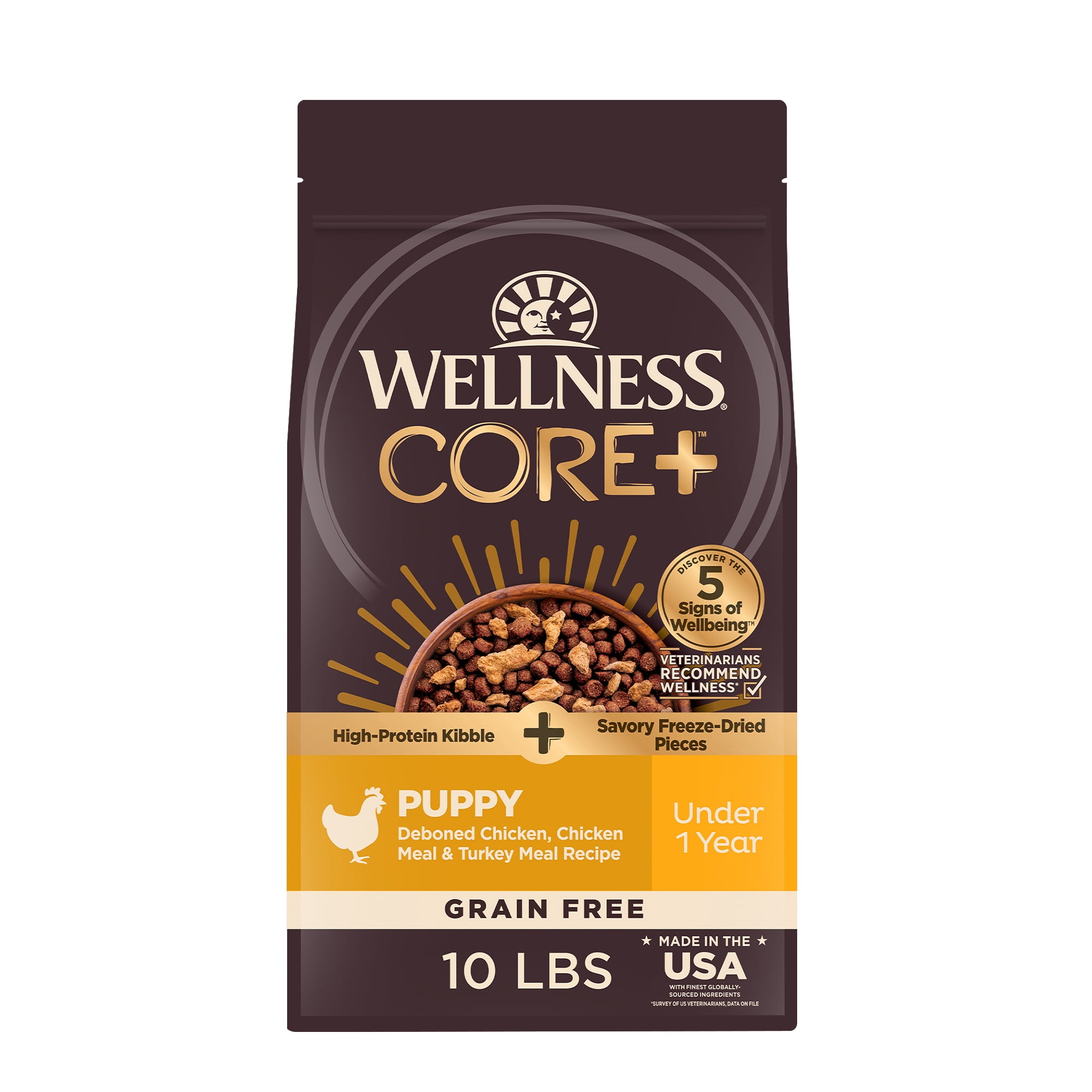 Wellness CORE+ Puppy Dry Dog Food with Freeze Dried Pieces, Grain Free, High Protein, Natural, Chicken & Turkey Recipe, (10-Pound Bag)
