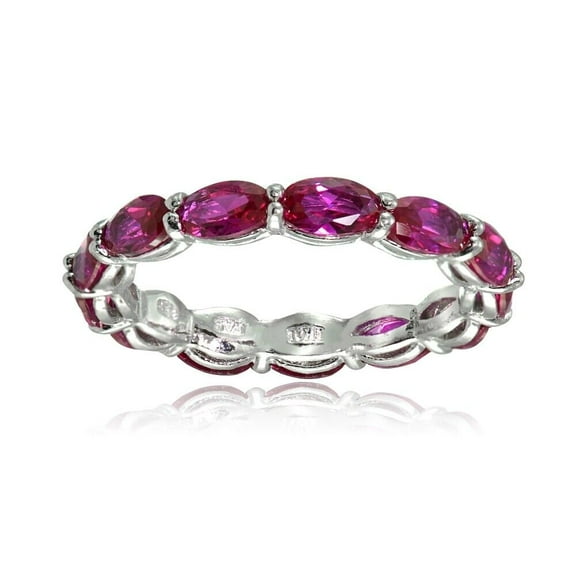 Created Ruby 5x3mm Oval-Cut Wedding Anniversary Eternity Band Ring 925 Sterling Silver Gemstone Jewelry For Women Gift