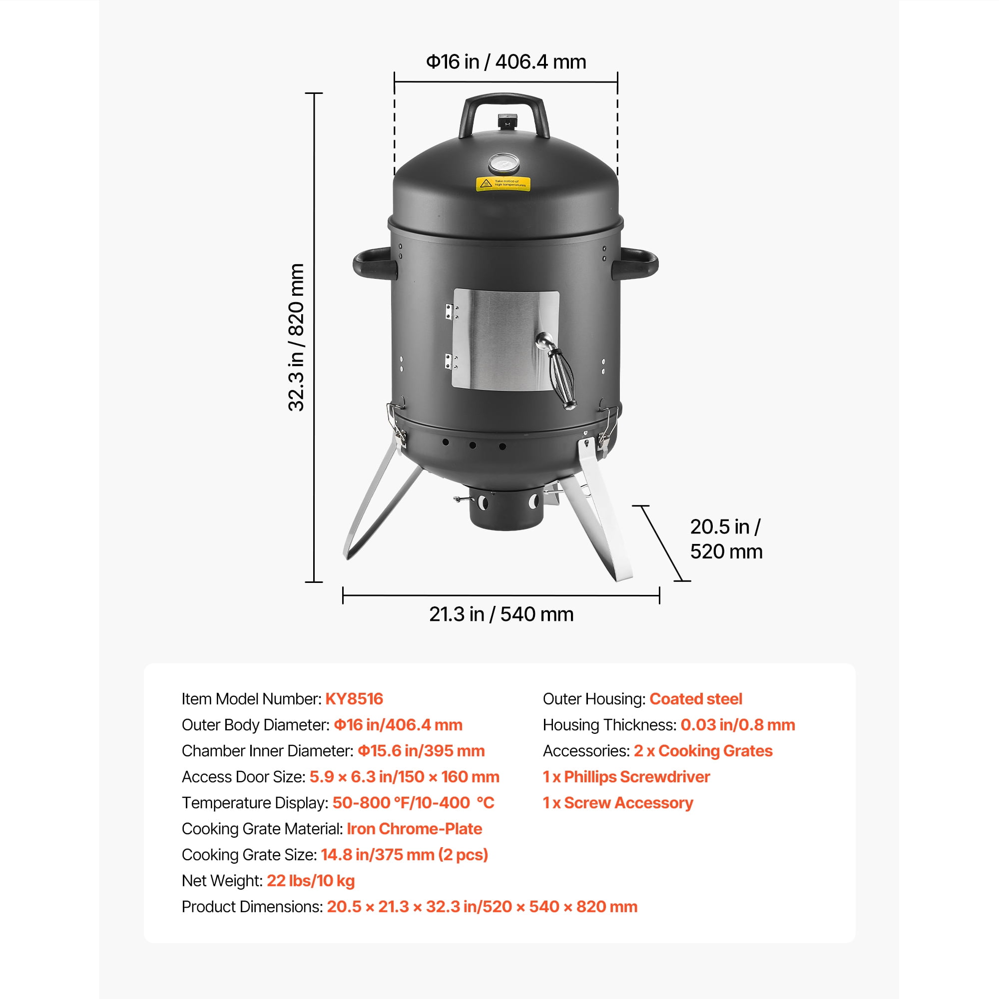 KFFKFF 16" Vertical Charcoal BBQ Grill, Coated Steel Smoker with Dual Grates, Built-in Thermometer, Adjustable Air Vents, and Removable Ash Tray, Perfect for Outdoor Cooking and Gatherings