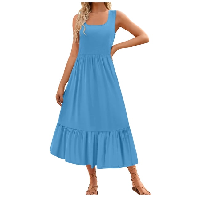 Robe d'Été Sans Manches pour Femmes - Robe Longue Plissée à Encolure Carrée avec Poches pour Décontractée, Plage, Fête