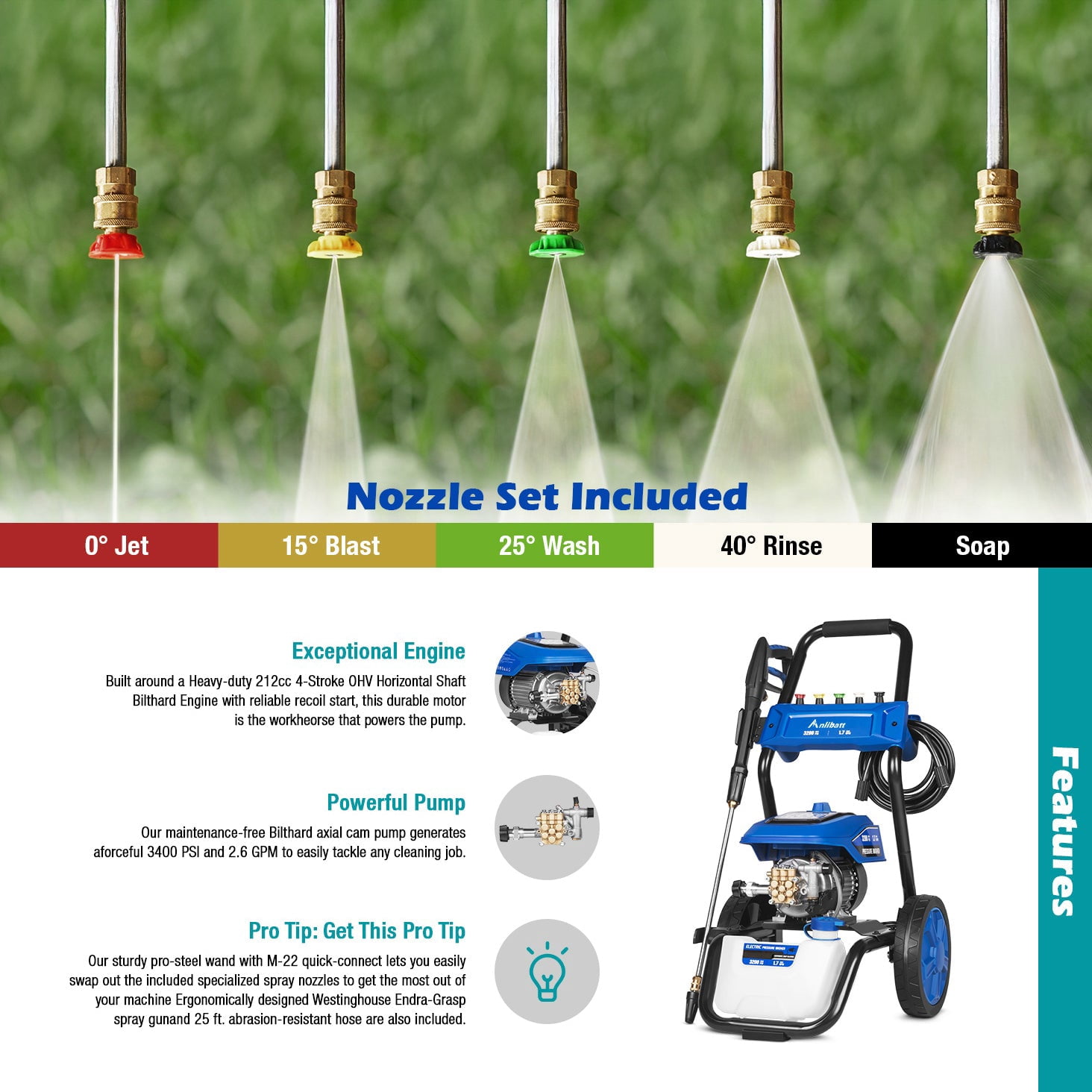 ANLIBATT 3200 PSI Electric Power Cold Water Pressure Washer with Brushless Motor Max 1.7 GPM 5 Quick Nozzles Buil-in Soap Tank 35ft Cord 25ft Hose