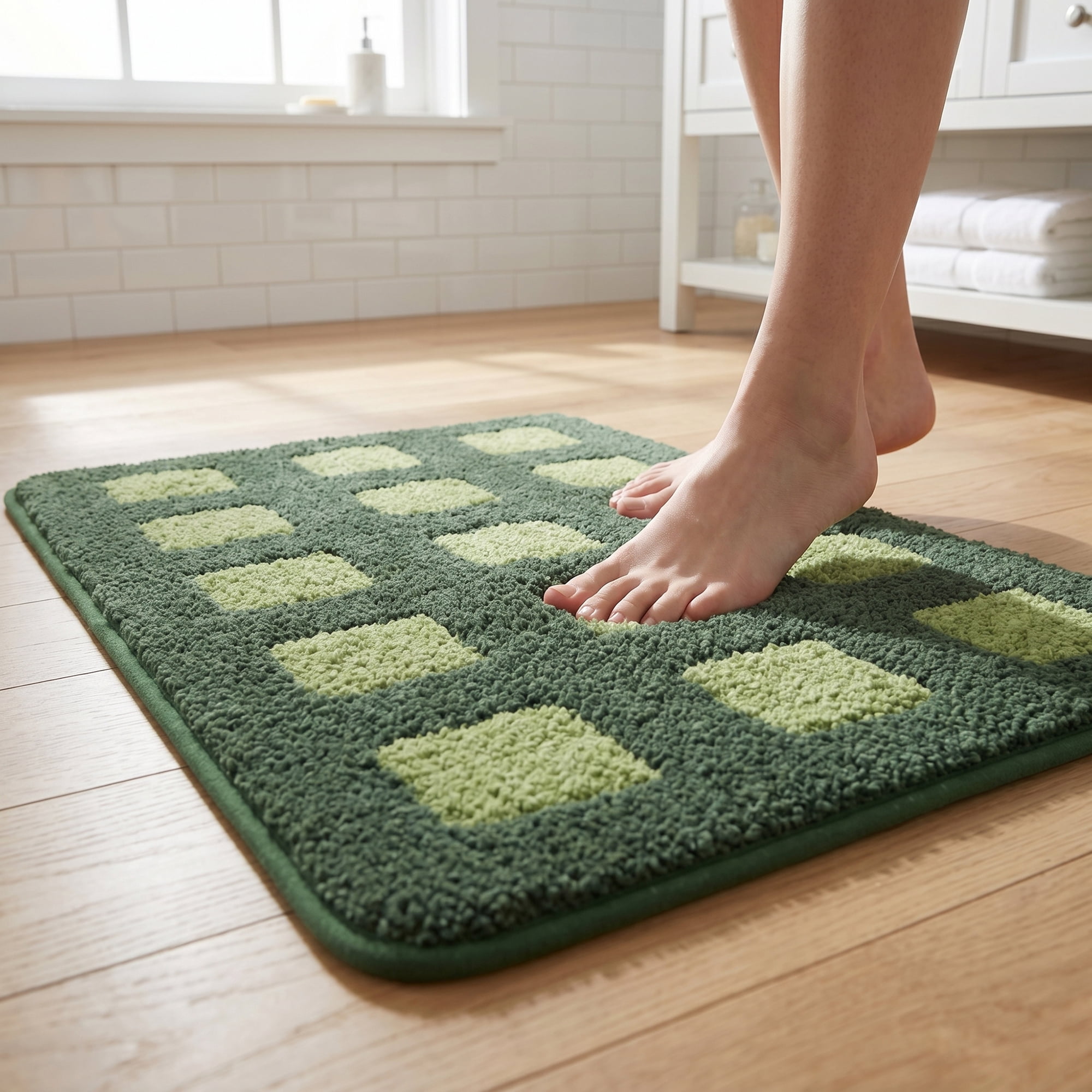 Unique Bargains Absorbent Non Slip Checkered Soft Plush Quick Dry Bath Mat Green 32" x 20"