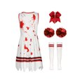 thumbnail image 4 of Oyolan Girls Zombie Cheer Leader Fancy Dress 4 Piece Set Sleeveless Bloody Dress Pompoms White Red 160cm, 4 of 5