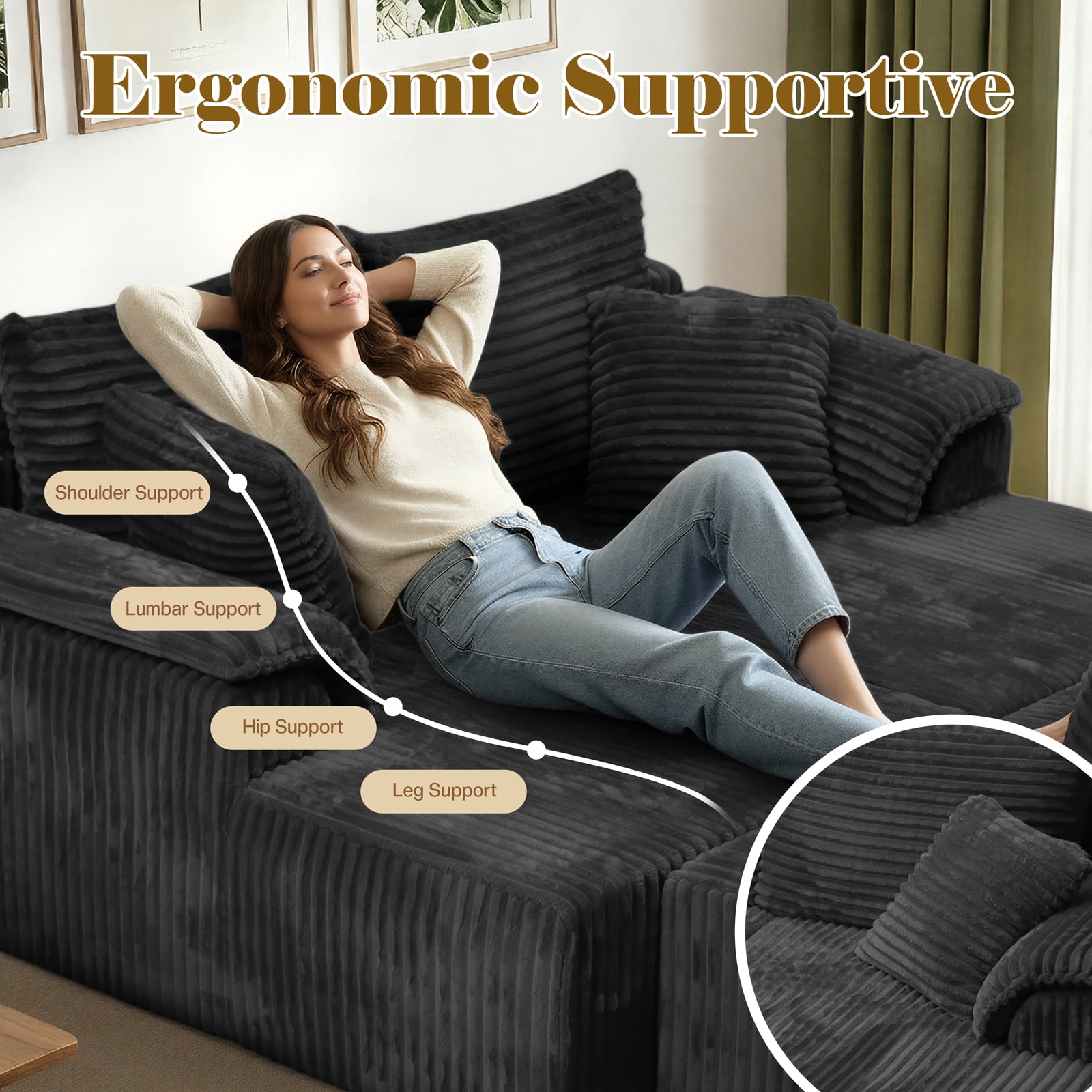 Kelyda 130'' Boneless Sectional Couch, Modern Faux Fur U Shaped Modular Cloud for Living Room Dark Grey