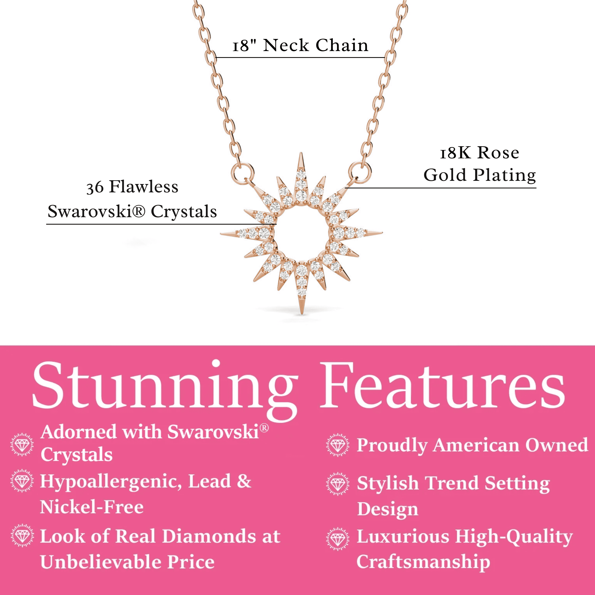 Cate & Chloe Evie 18k Rose Gold Plated Sun Pendant Necklace with Swarovski Crystals for Women