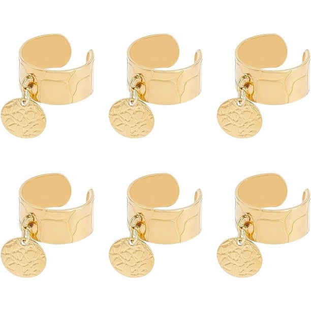 Anillo de acero inoxidable con dijes, 6 piezas, dorado, para mujer, redondo, texturizado, ajustable, con dijes redondos, con puño abierto.