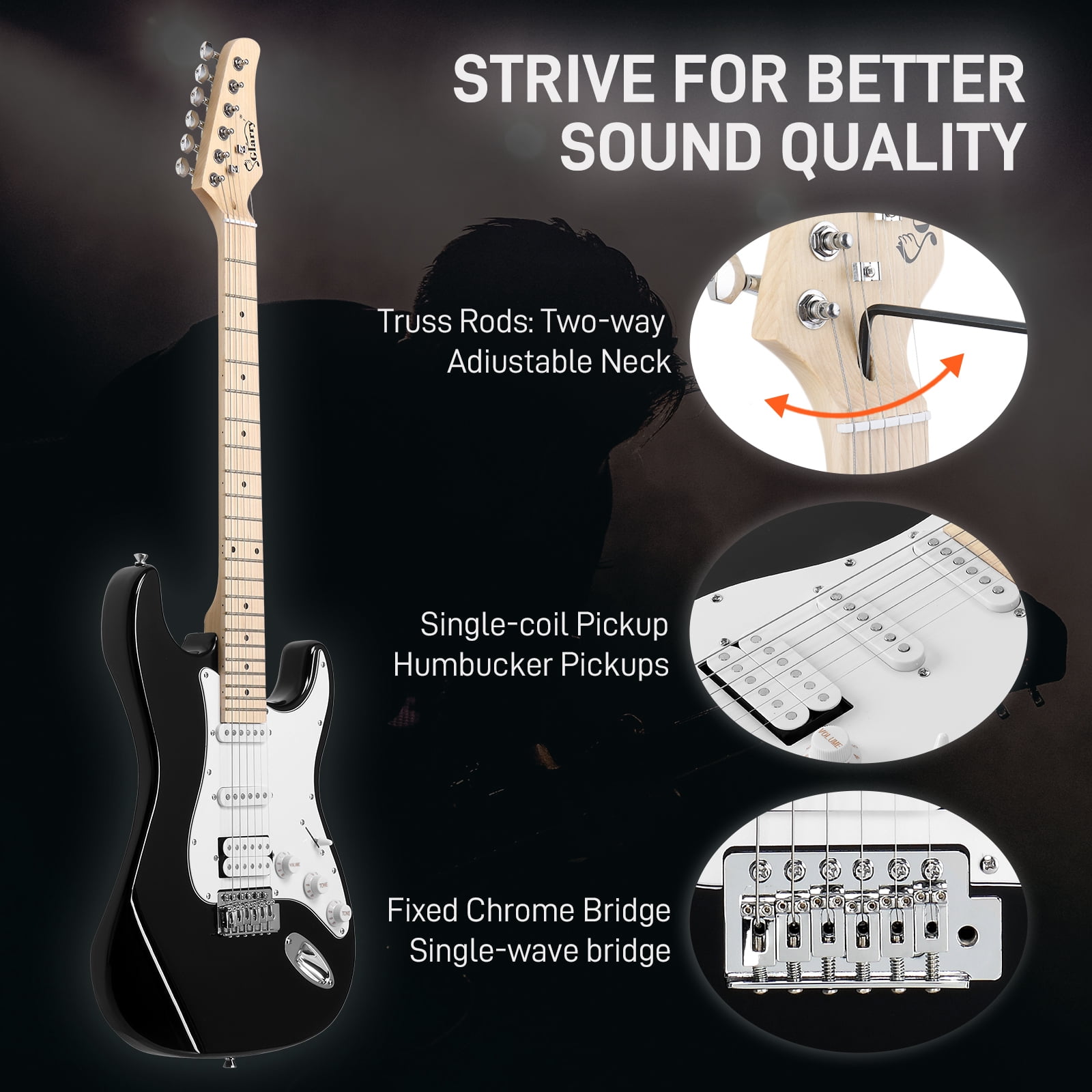 GST Electric Guitar Kit with 20W Amp, H-S-S Pickup Right-Handed Electric Guitar with Carry Bag, Guitar Strap, Wrench Tool (Black)