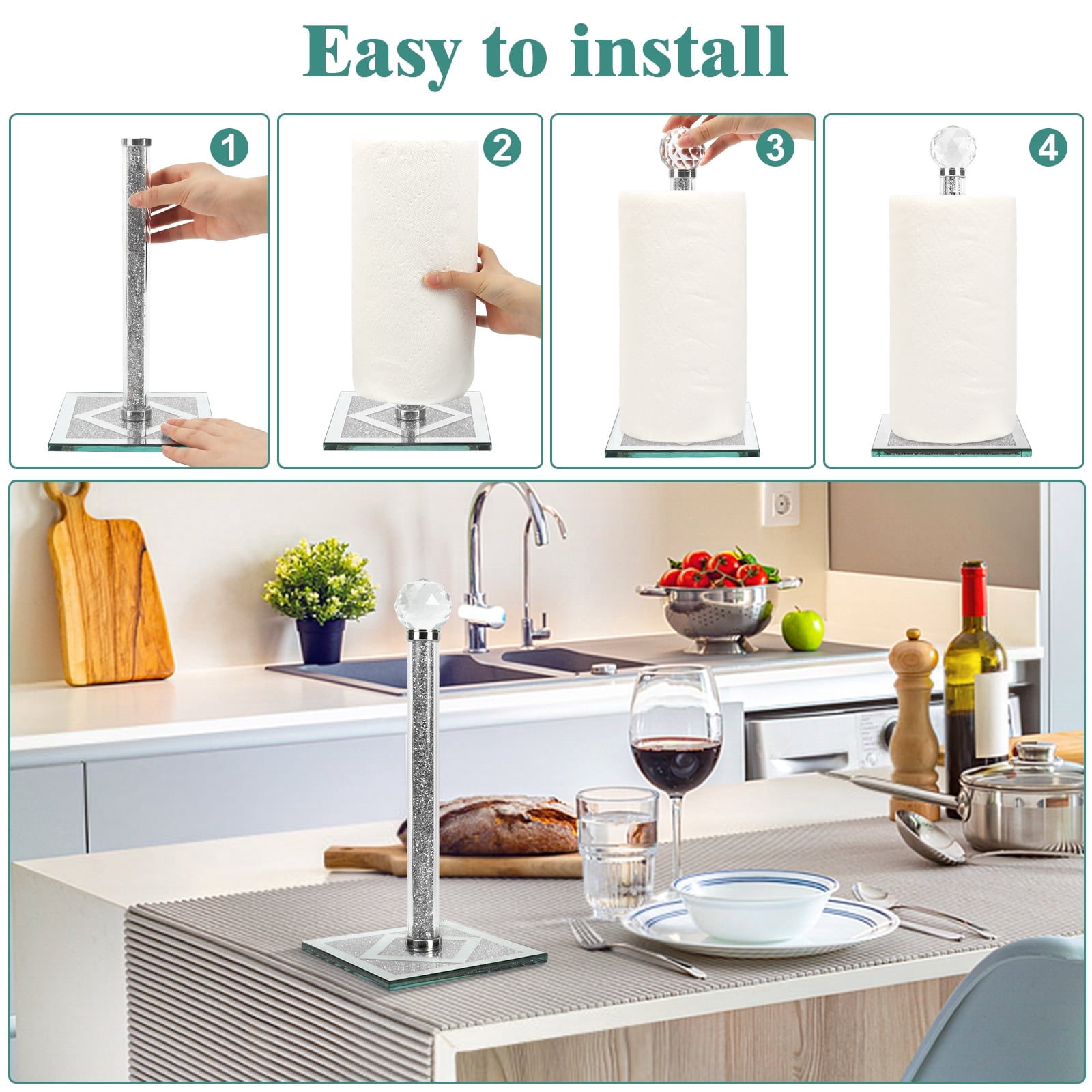 YTCYKJ Towel Holder , Square Base Vertical Paper Towel Holder with Sparkling Crystal Crushed Diamond Accents for Kitchen, Dining Table and Bathroom, Silvery