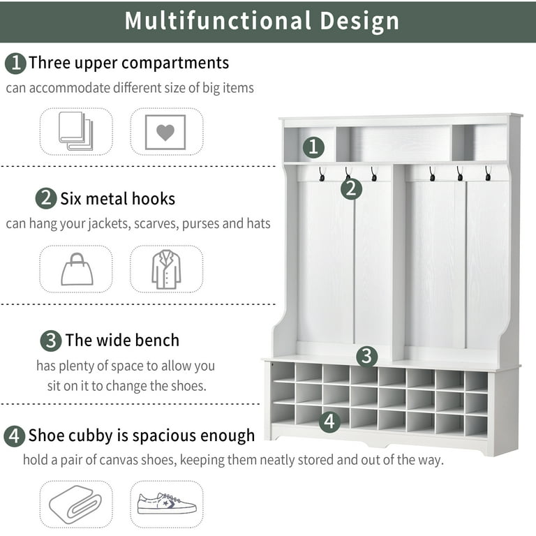 EUROCO 70 Hall Tree Entryway Storage Bench Coat Rack with 6 Hooks &  Adjustable Shelves(Cream White) 