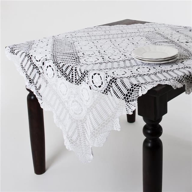SARO 869.W45S 45 in. Square Handmade Crochet Cotton Lace Table Linens - White