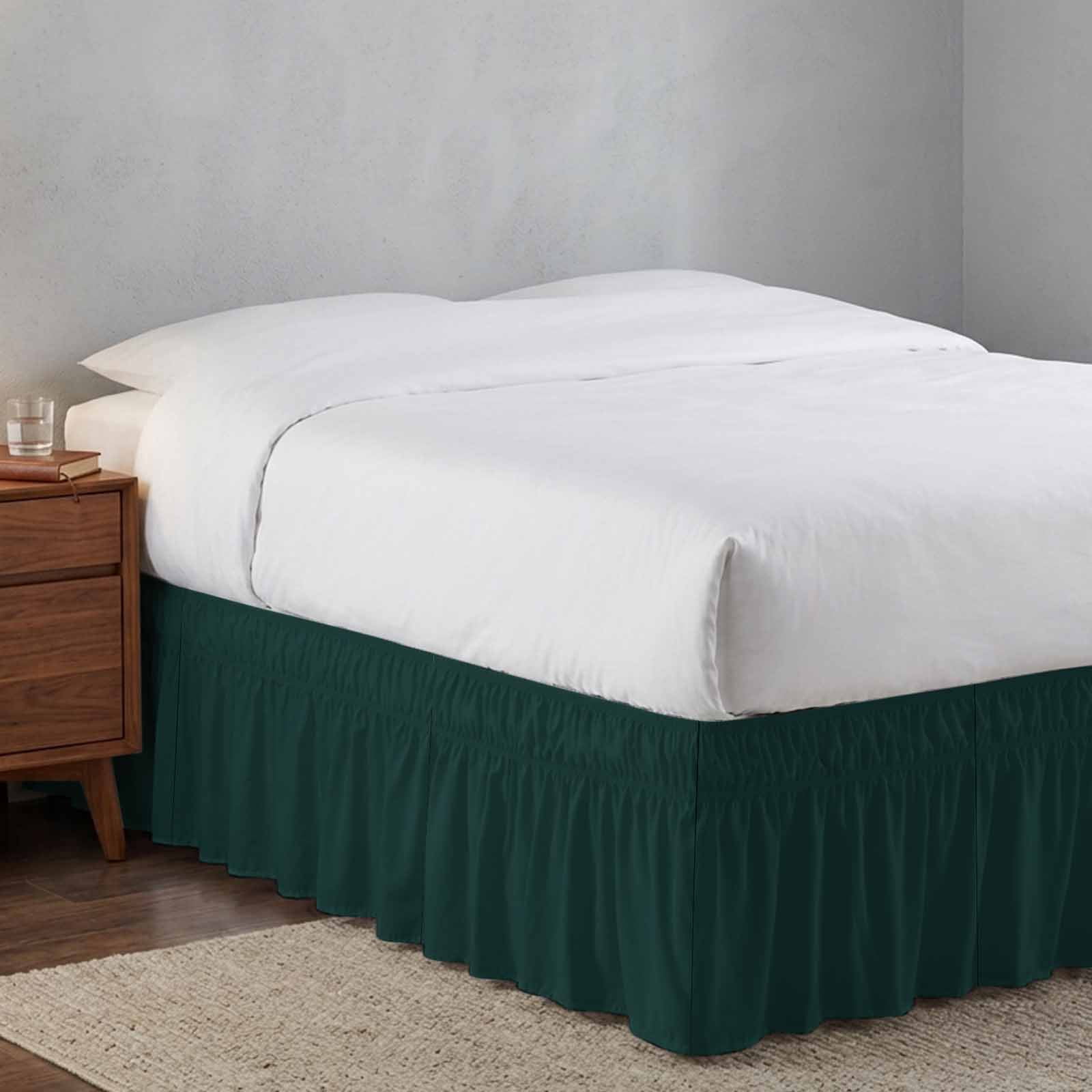 Bed Skirt Solid Color Adjustable Elastic Wrap-Around Dust Ruffle with Deep Green 18 Inch Drop, Bed Frame Cover for Queen Size Bed