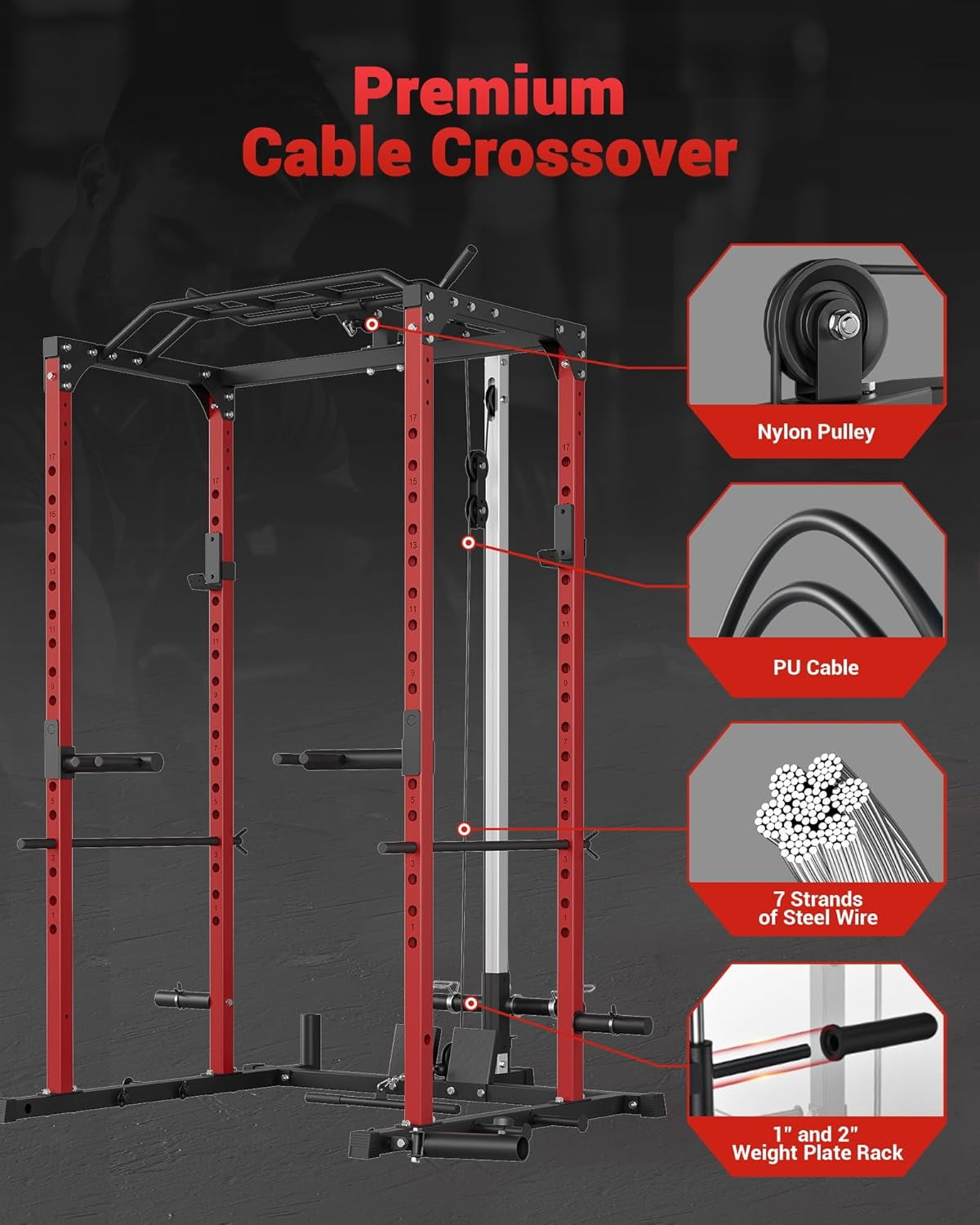 Hetoy Power Cage, Multi-Purpose Power Rack for Home Gym with Cable Crossover System, 150 lb. Weight Capacity Fitness Squat Rack for Strength Workouts with More Training Accessories
