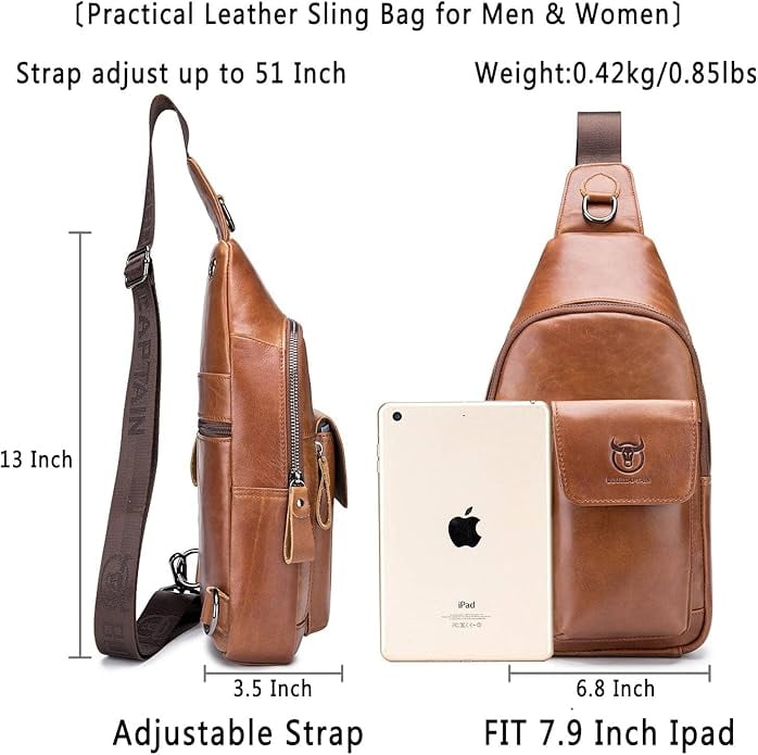 BULLCAPTAIN Genuine Leather Sling Bag for Men, Crossbody Chest Backpack with Adjustable Strap, Zipper Closure,Brown