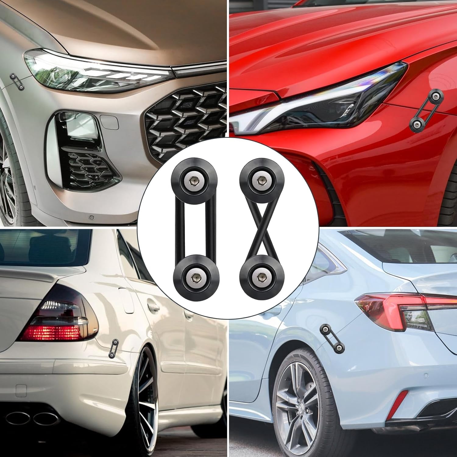 Rongsi Universal Bumper Clips, Front Rear Bumper Quick Release Kit, Bumper Holders for Cars (4 Black Bumper Quick Release Tabs and 12 Customized O-Rings)