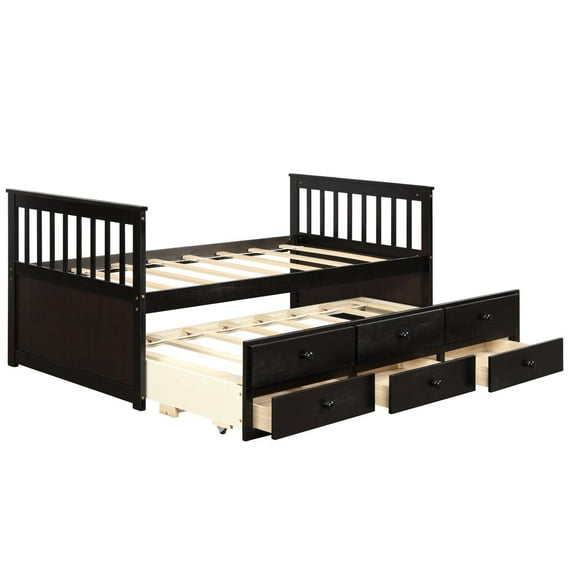 Giantex Twin Size Captain Bed w/3 Storage Drawers, Trundle Bed Wooden Bed Frame, Solid Wood Platform Guest Bed, Espresso