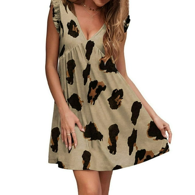 AMERTEER Été Dames V-Cou à Manches Courtes Léopard Robe Ample Lotus à Manches Courtes Robe Plissée Kaki XL