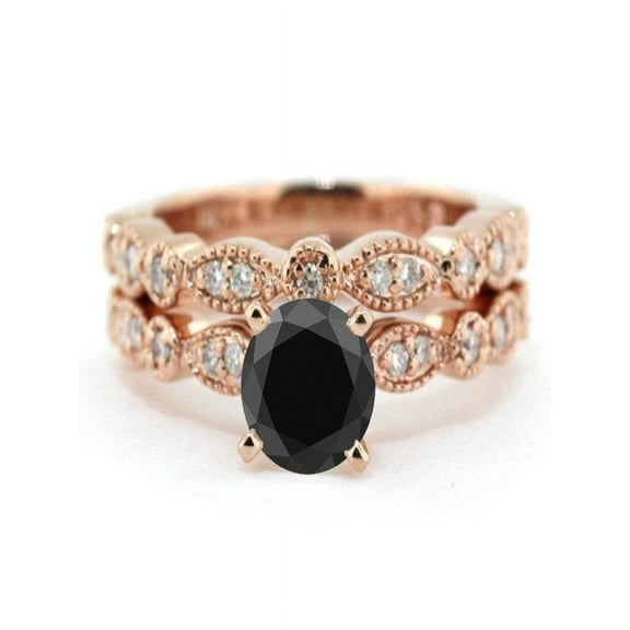 Limited Time Sale: 1.25 carat Round Cut Black White Diamond Bridal Wedding Engagement Ring Set in 10k Rose Gold