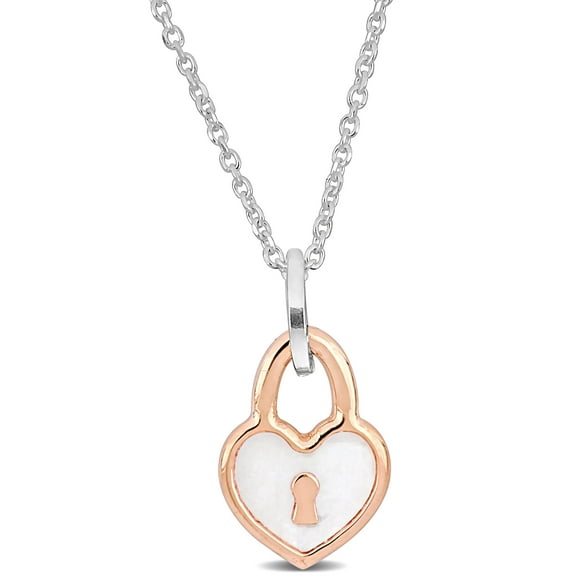 Miabella White Enamel Heart Lock Charm Necklace in Two-Tone White and Rose Plated Sterling Silver