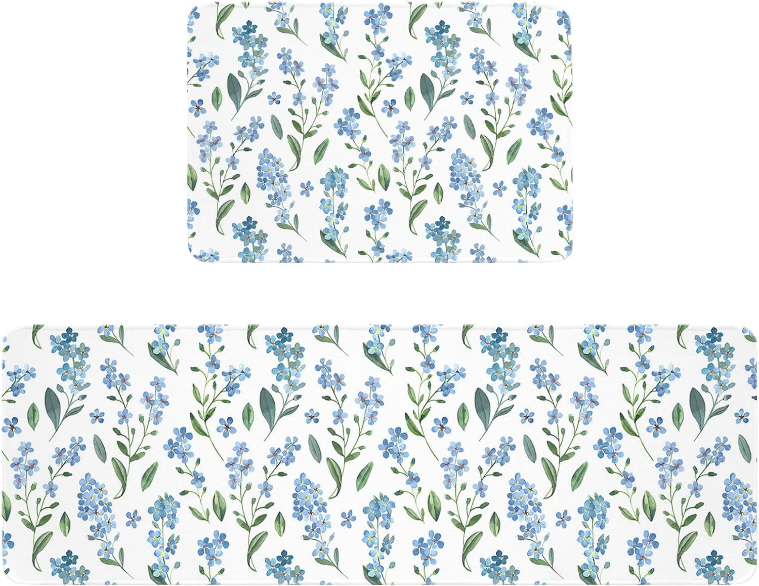 Farmhouse Blue Flower Kitchen Floor Mats, Blossom Floral Green Leaf 2 PCS Anti Fatigue Area Runner Rugs Set Rural Botanical Non-Slip Bathroom Comfort Standing Mat Home Decor