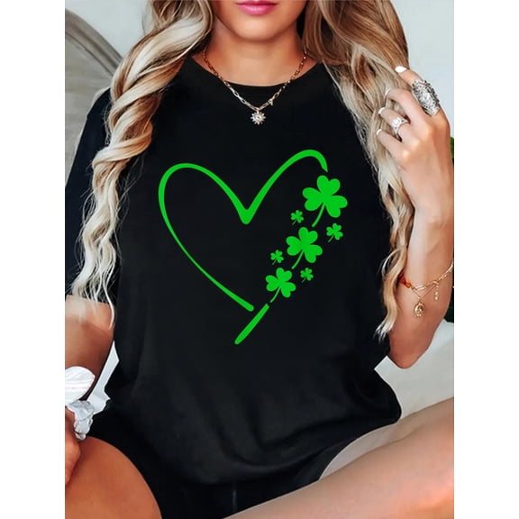 100% Cotton Funny Irish St Patricks Day Shamrock St Patricks Day Heart T-Shirt Print Round Neck Cotton T-Shirt, Summer Women's Tops, gift