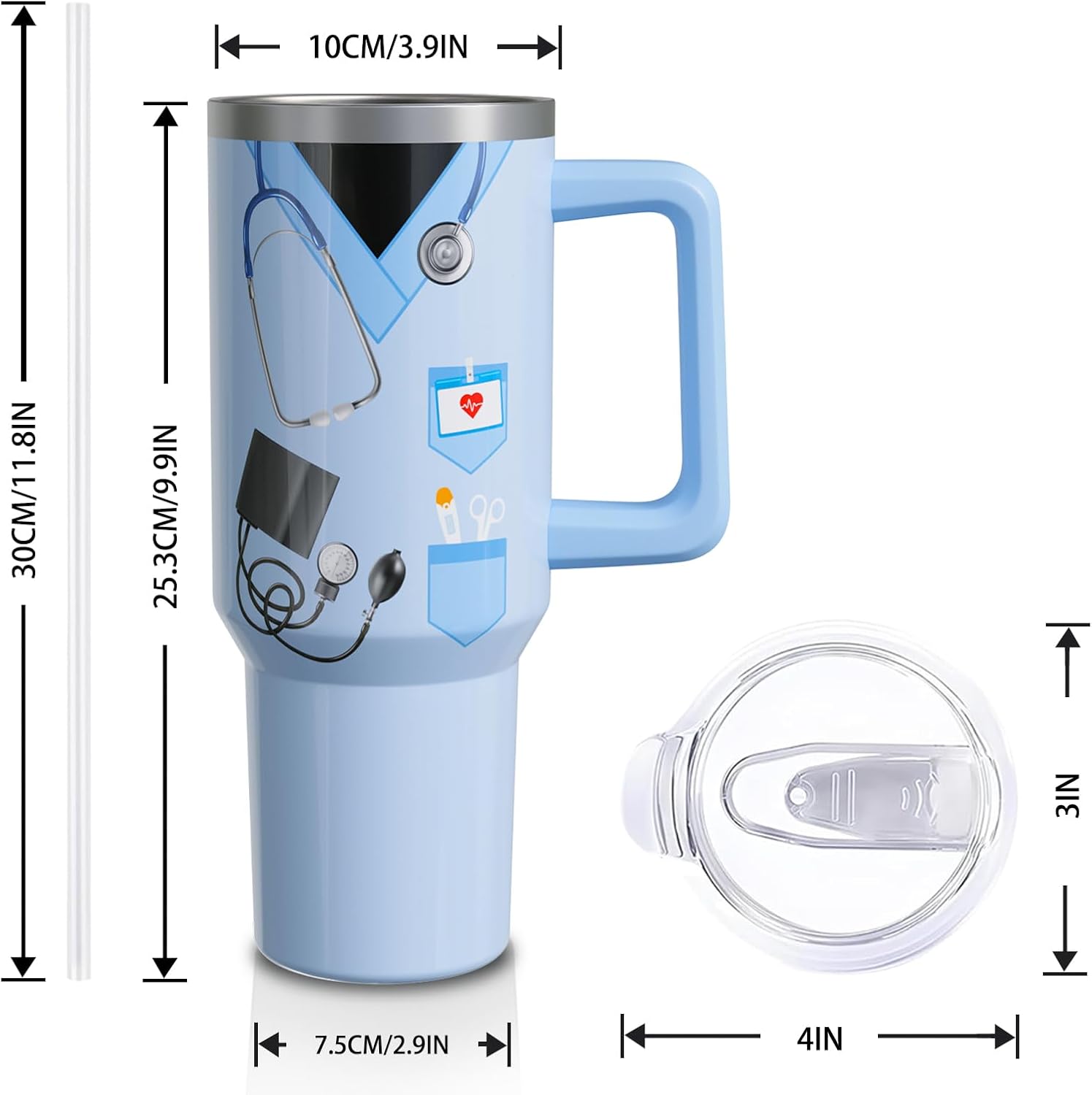 40oz Nurse Gift Tumbler with Handle & Straw - Insulated Stainless Steel Water Bottle, Blue - Appreciation Gifts for Nursing Graduation, Nurse Week (Practitioner, RN, Student)