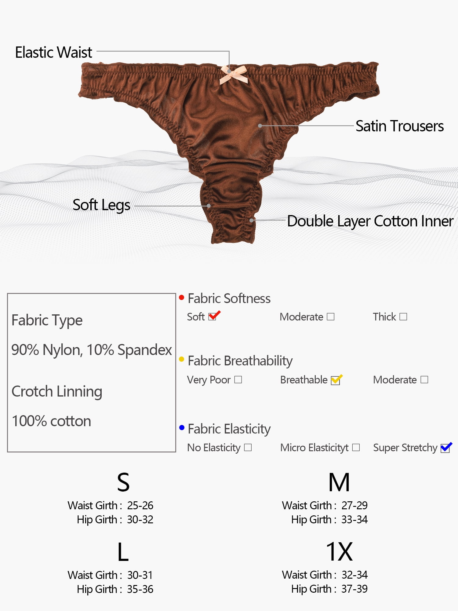 Unique Bargains Women's Plus Size Satin Soft Mid-rise Ruffle Hipster Thong Underwear Light Brown, Brown, Dark Brown S
