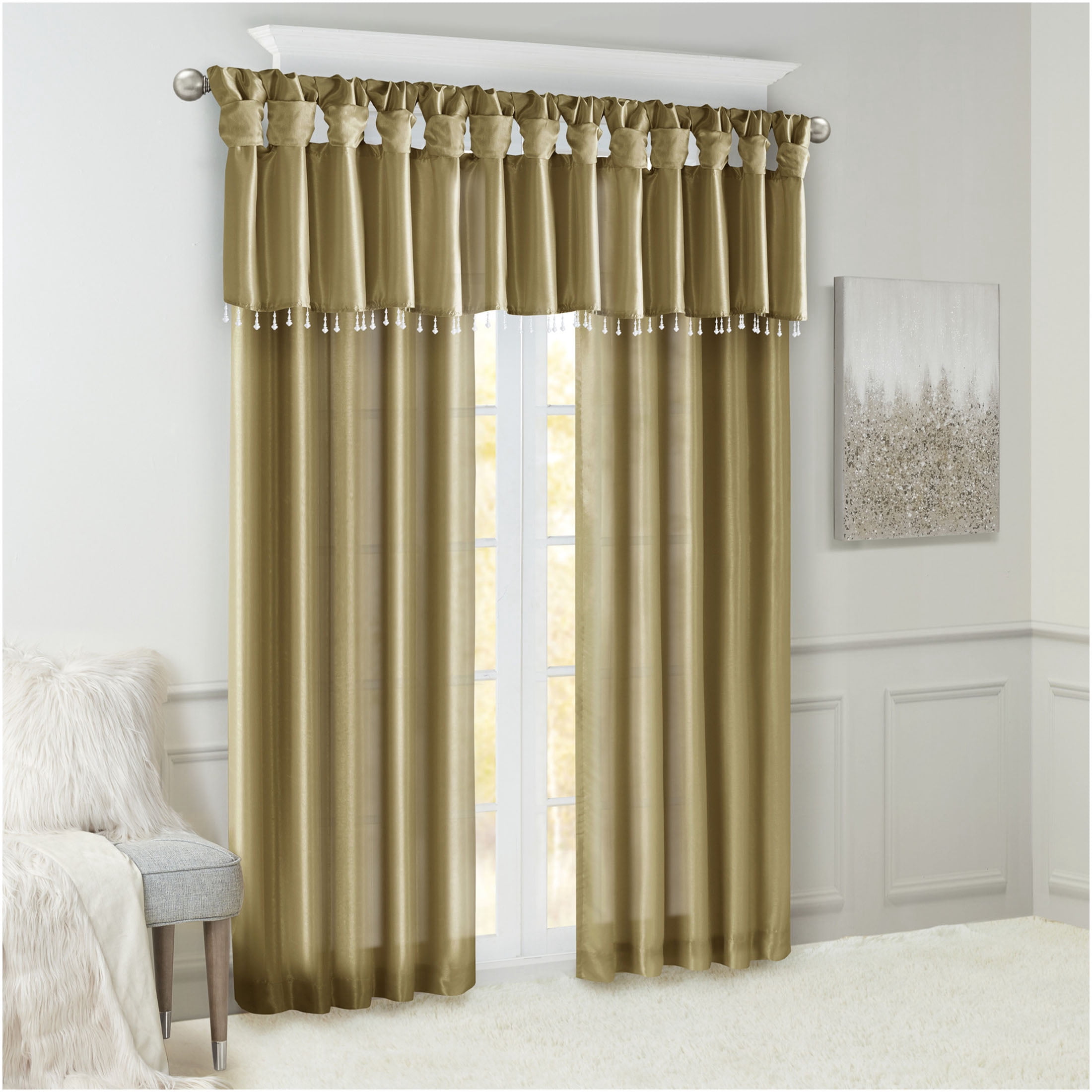 JERFIT Bronze Faux Silk Window Valance with Beaded Trim, 50x26 Inch Lightweight Valance Curtain for Living Room Bedroom