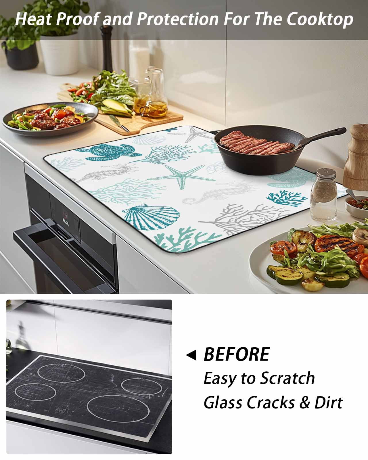 Stove Top Covers for Electric Stove, Turquoise Coastal Glass Stovetop Cover Protector, Nautical Summer Beach Coral Sea Turtle Induction Cooktop Protector Oven Mat for Kitchen Countertop 24"x21"