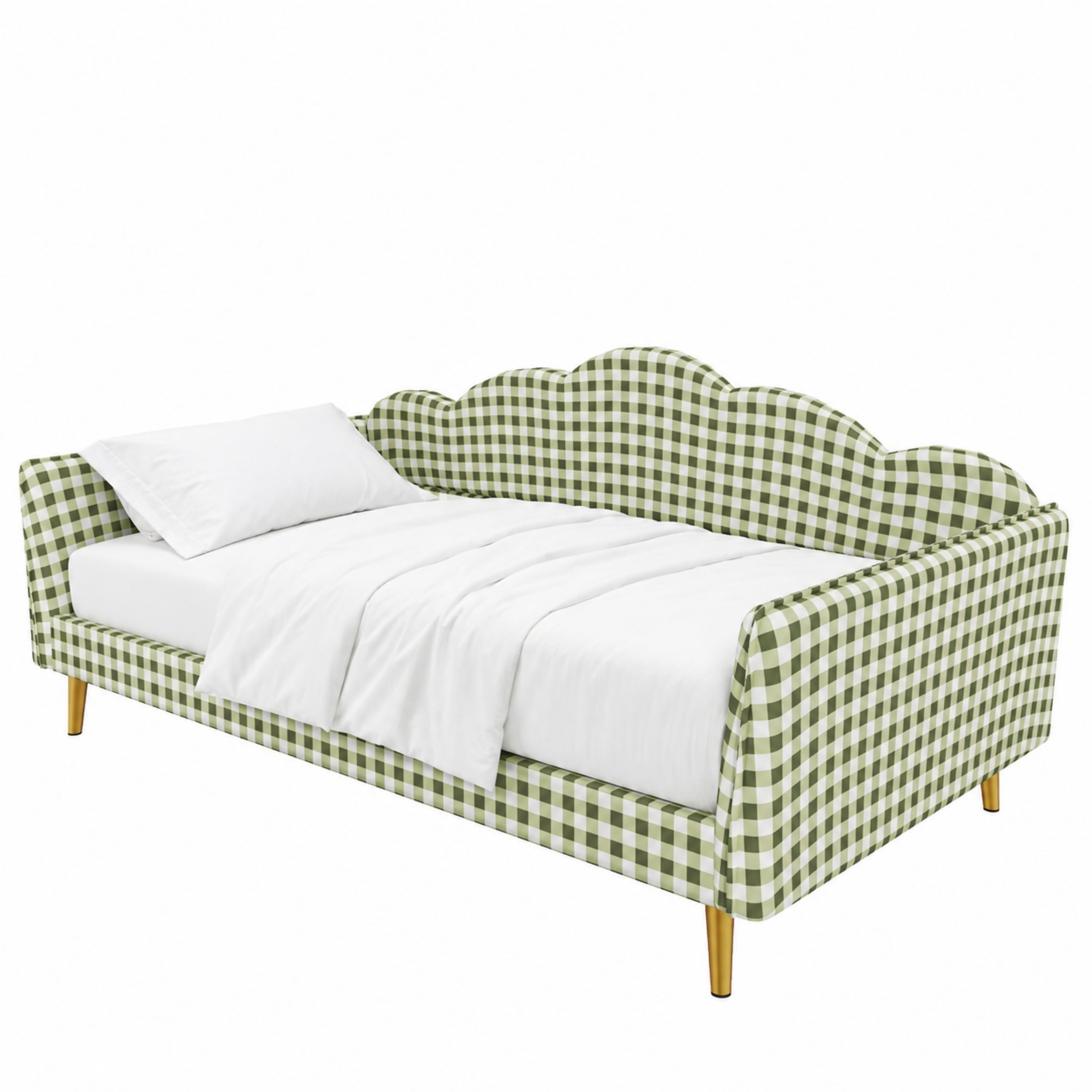 Euroco Upholstery Twin Size Daybed, Wood Sofa Platform Bed with Gingham Design and Metal Legs, No Box Spring Needed, Green