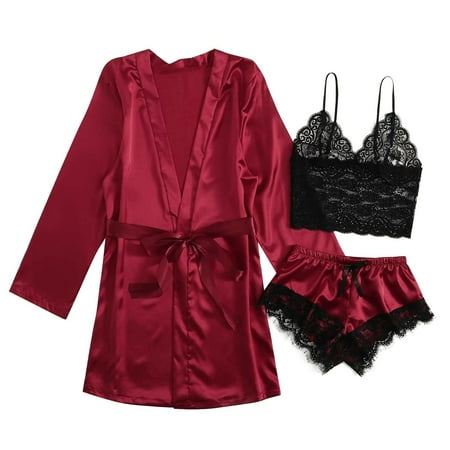 

Inkach 3Pc Women Satin Silk Pajamas Nightdress Lingerie Robes Underwear Sleepwear Set