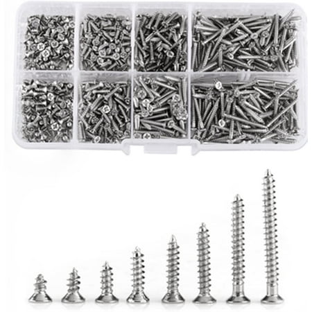 

Pack of 800 M2 Flat Head Screws 4mm-20mm Length Carbon Steel Nickel Plated Self-Tapping Woodworking Screws Assortment Kit with Storage Box
