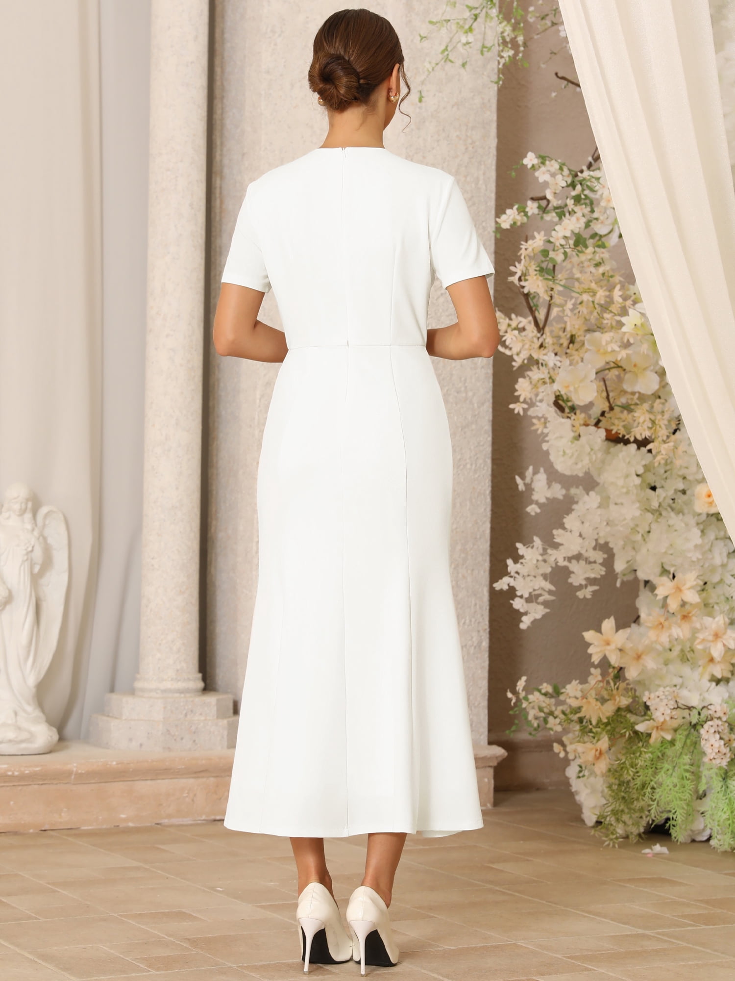 DARING DIVA Women's Lace Embroidered Crewneck Midi Dress for Wedding M White