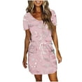 thumbnail image 2 of Roncen Women's Printed Short Sleeve V-Neck Midi Dress - Tie-Waist Design with Side Pockets, Casual Flowy Summer Dress for Daily Wear, Lightweight Breathable A-Line Dress with Slit, 2 of 6