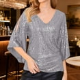 thumbnail image 2 of Sexlip Glitter Tops for Women Plus Size Short Sleeve Shirts 2025 Trendy Evening Cocktail V Neck Sequin Blouse Tunic Weddings Silver L, 2 of 7