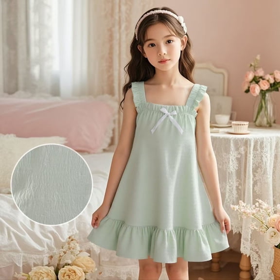 LPKRT Girls Loungewear Dress Sleeveless Elastic Straps Sundress Solid Color Soft Stretch Comfy Summer Outfits Light Green 9-10 Years