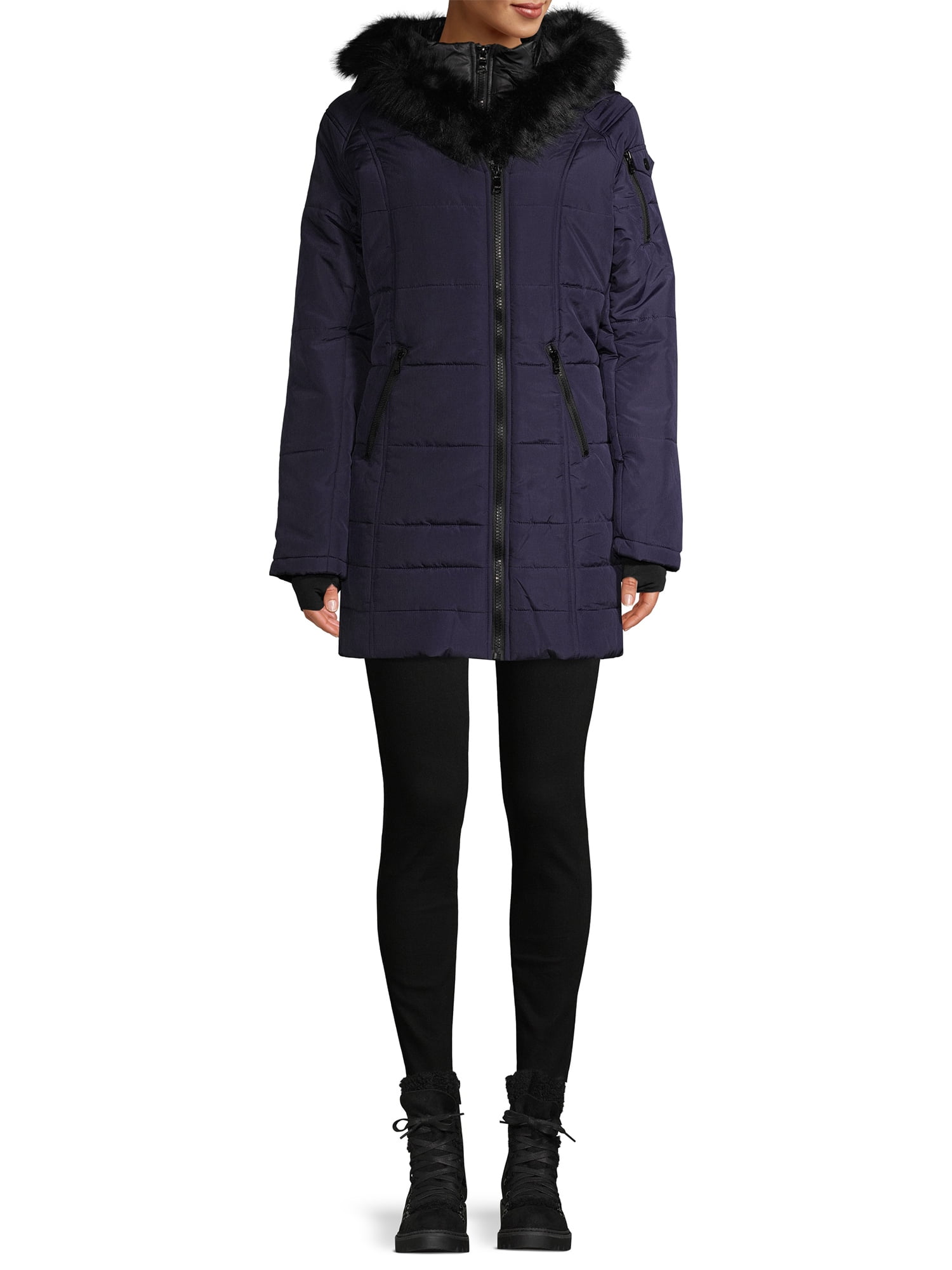 Asymmetrical down coat with faux fur trim discount