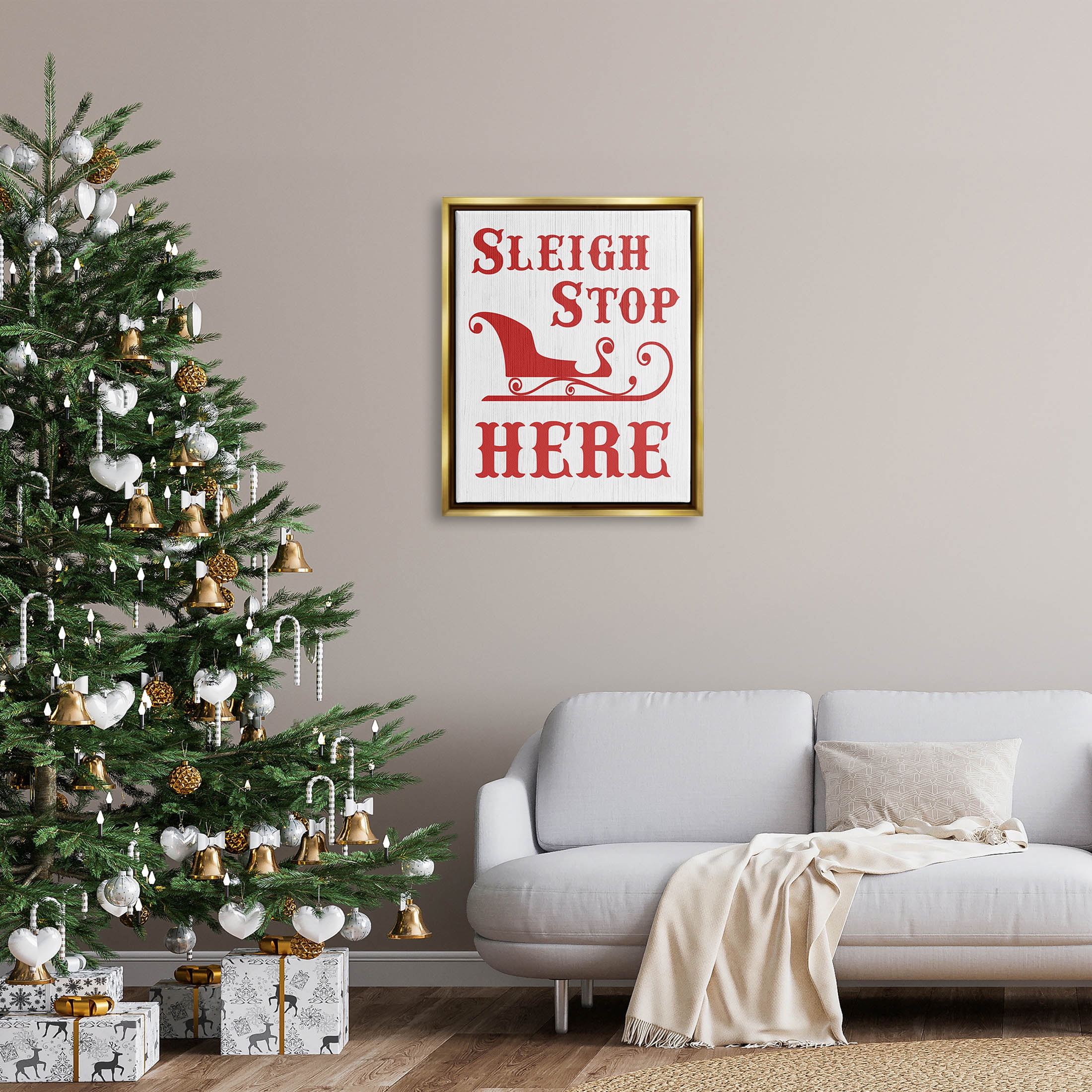 Sleigh Stop Here Christmas Landing Sign Holiday Graphic Art Metallic Gold Framed Art Print Wall Art