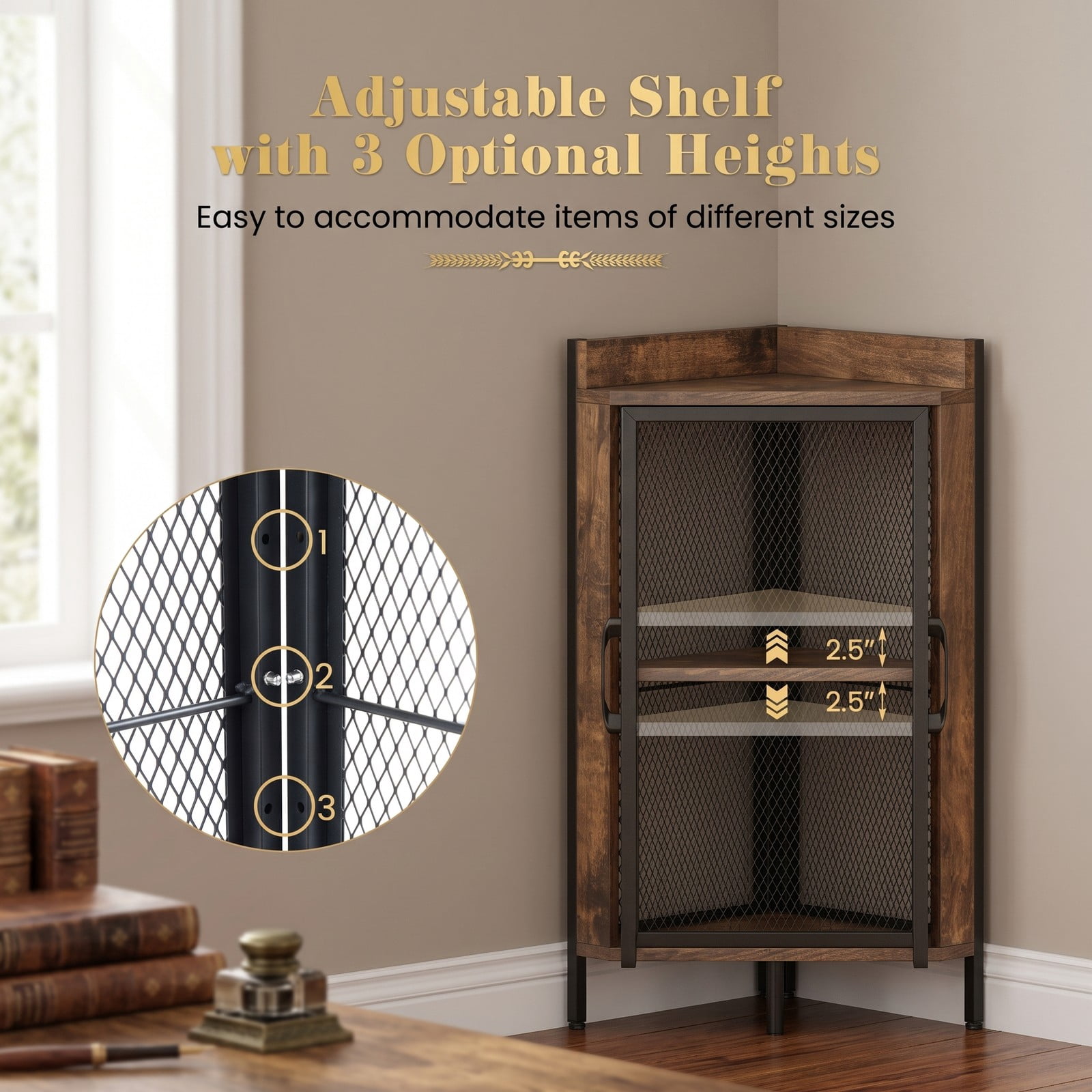 Furnibear 6-Tier Corner Bookshelf 67 Inch Tall Industrial Corner Bookcase with Cabinet Storage Rack Display Shelf for Living Room Bedroom Home Office, Rustic Brown