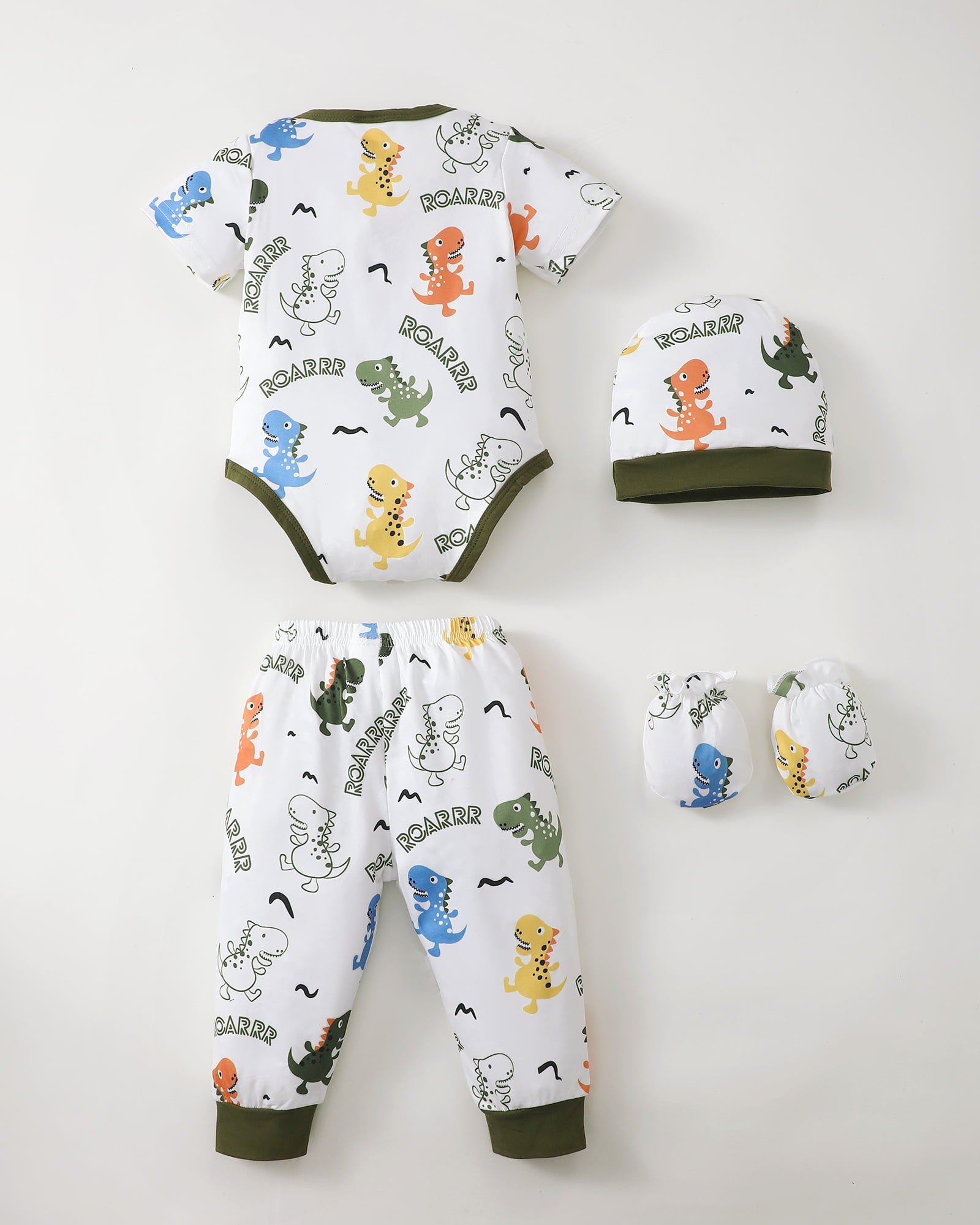 KIMI BEAR Newborn Baby Boys Layette Essentials Romper Pants Gift Sets 4 Packs Short Sleeves Dinosaur Print Bodysuit Tops Pants Set with Hats and Gloves 16pcs Outfits Green NB