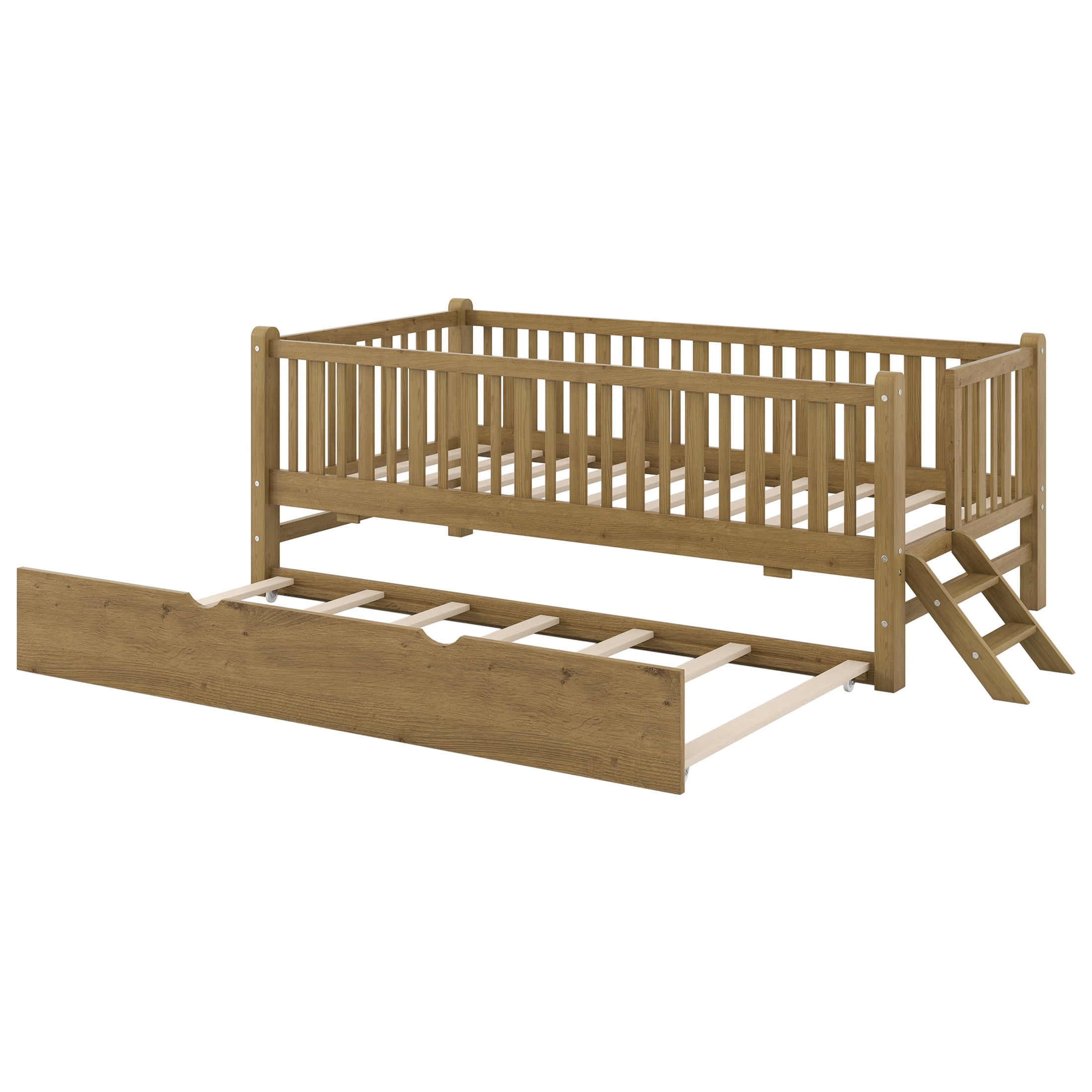 Noble House Elley Twin Platform Bed, Semi-Enclosed Fence Guardrail with Pull-Out Trundle, Solid Wood Frame, Walnut