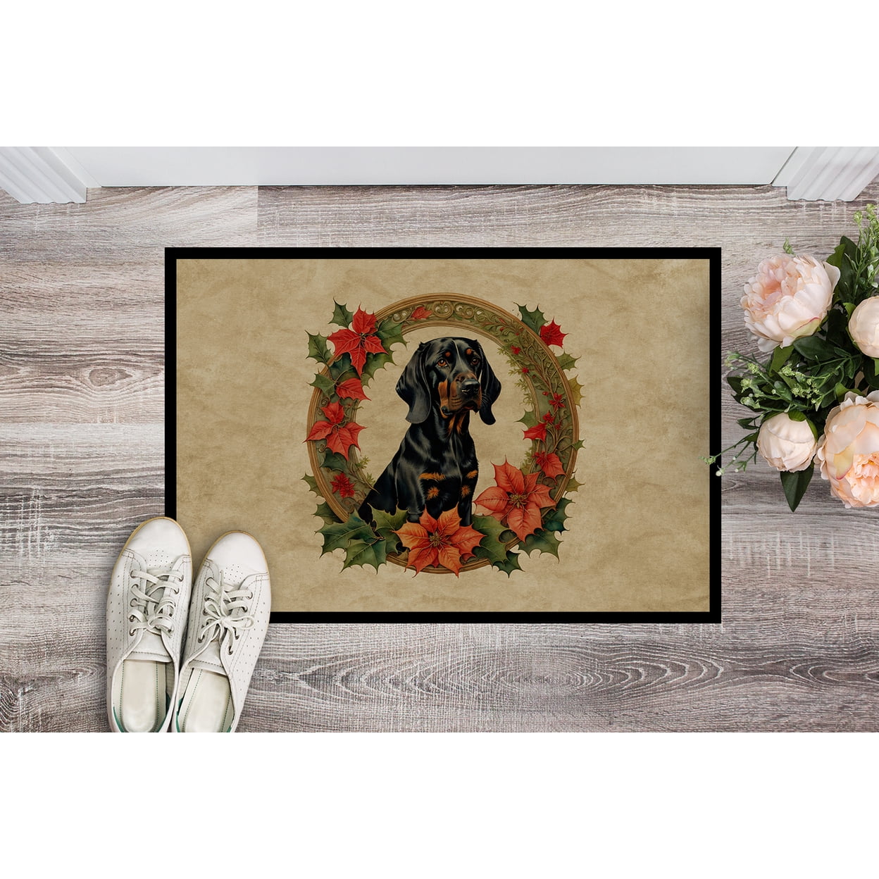 Black and Tan Coonhound Christmas Flowers Doormat 27 in x 18 in