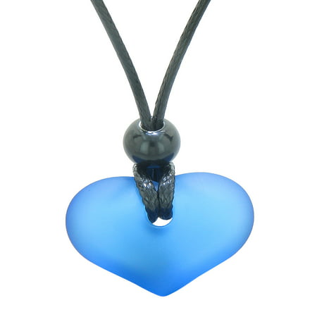 Unique Puffy Heart Frosted Sea Glass Cloud Blue Positive and Life Powers Amulet Adjustable Necklace