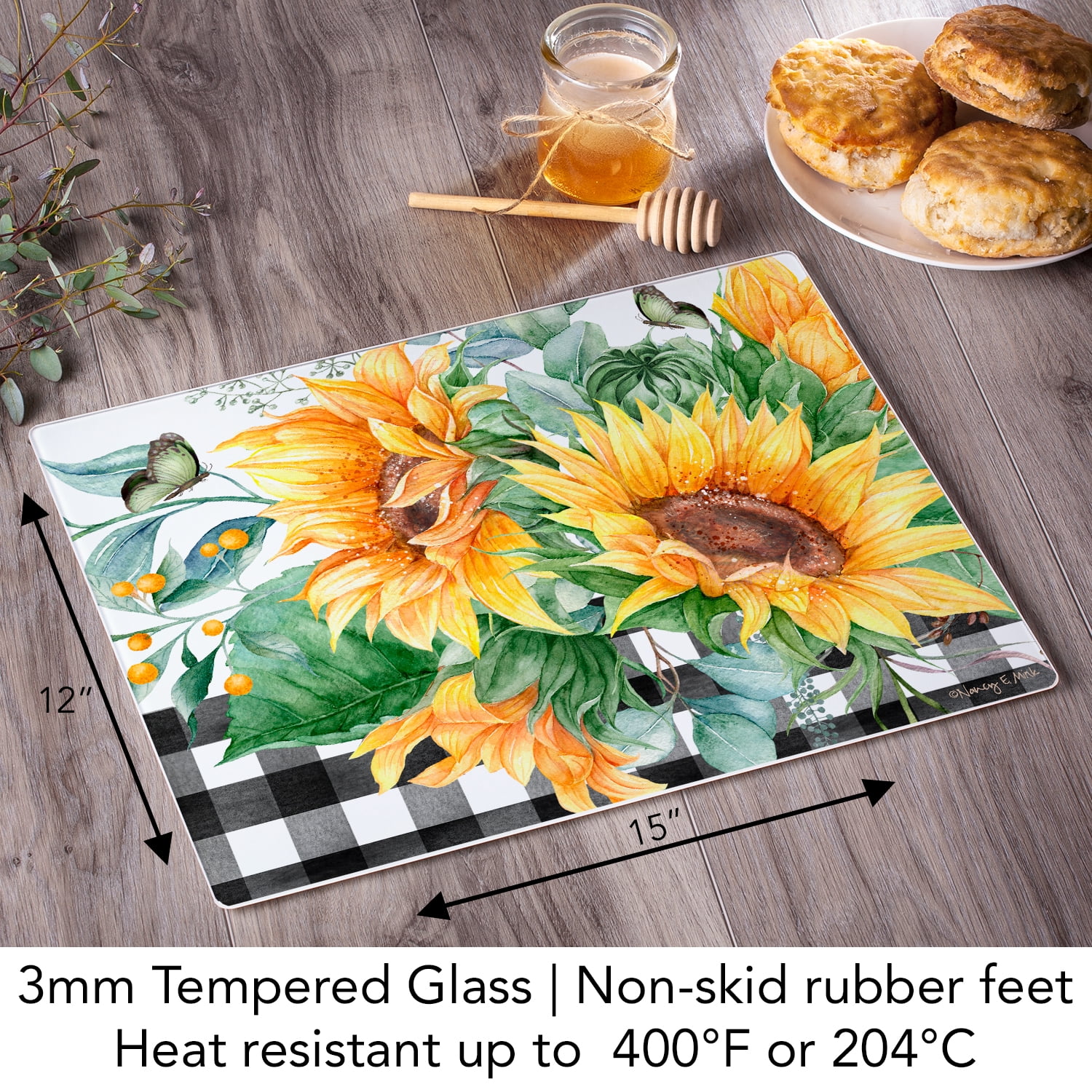 CounterArt Sunflower Fields 3mm Tempered Glass Cutting Board 15" by 12"