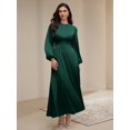 thumbnail image 5 of Dark Green Womens Solid Crew Neck Long Sleeve Pleat-Front Modest Maxi Dress, 5 of 8