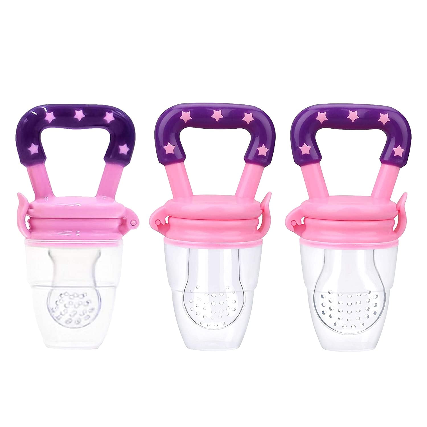 Baby Pacifier Food and Fruit Feeder, Silicone Teether, Pink, Small, Medium and Large, 3-12+ Months Old Infants and Toddlers - 3 Pack