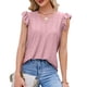 thumbnail image 1 of Camiseta transpirable de fibra de poliéster de manga corta con cuello con volantes ahuecado y cuello en V para mujer para primavera verano Rosa XL, 1 of 8
